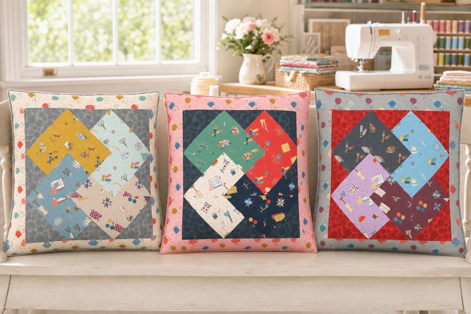 Three Lewis & Irene Small Things Crafts patchwork pillows on a sunny sewing-room bench