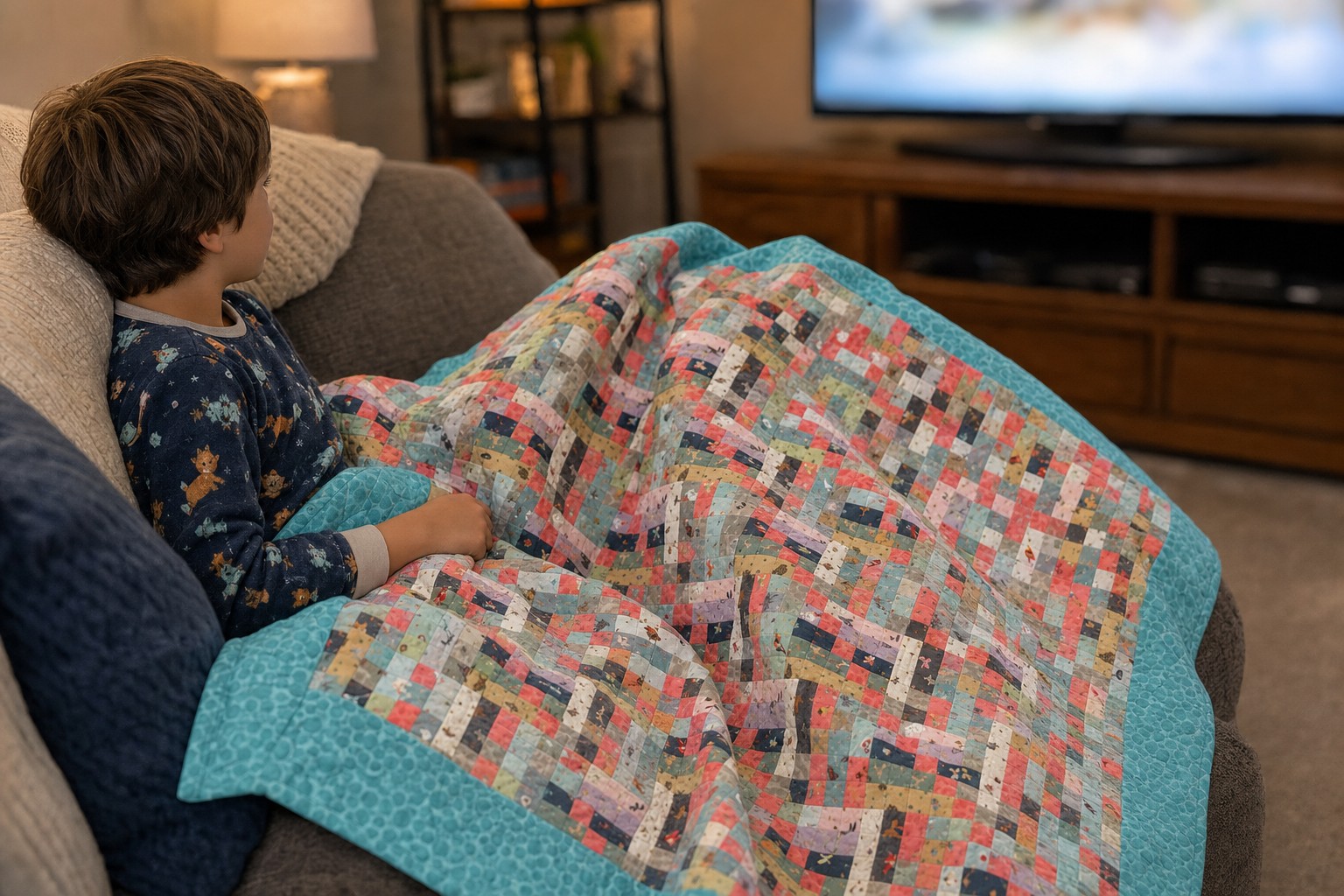 Lewis and Irene Small Things Pets quilt draped over a child relaxing in front of the television
