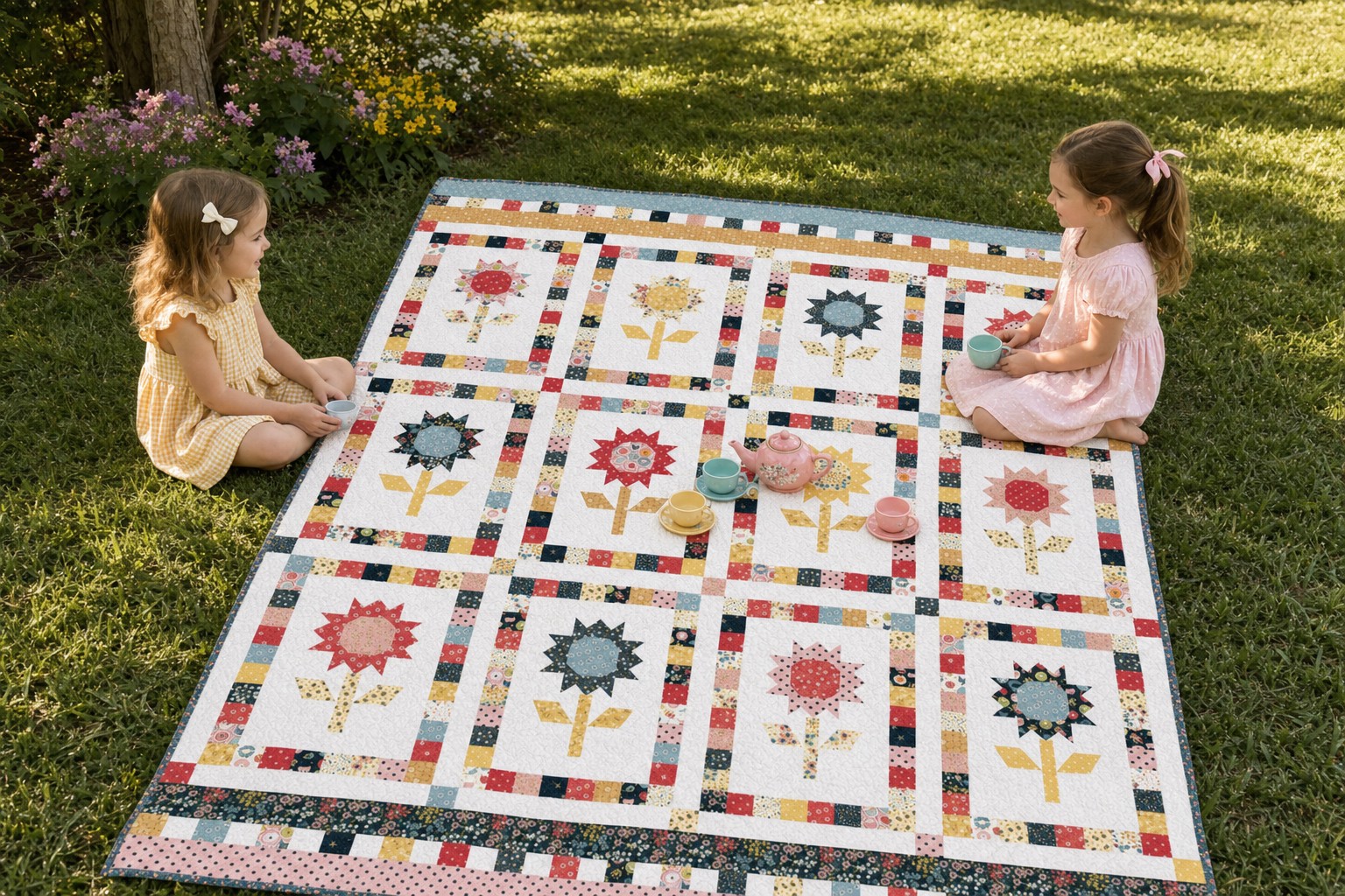 Two young girls having a tea party on the Poppie Cotton Afternoon Tea quilt in a sunny garden