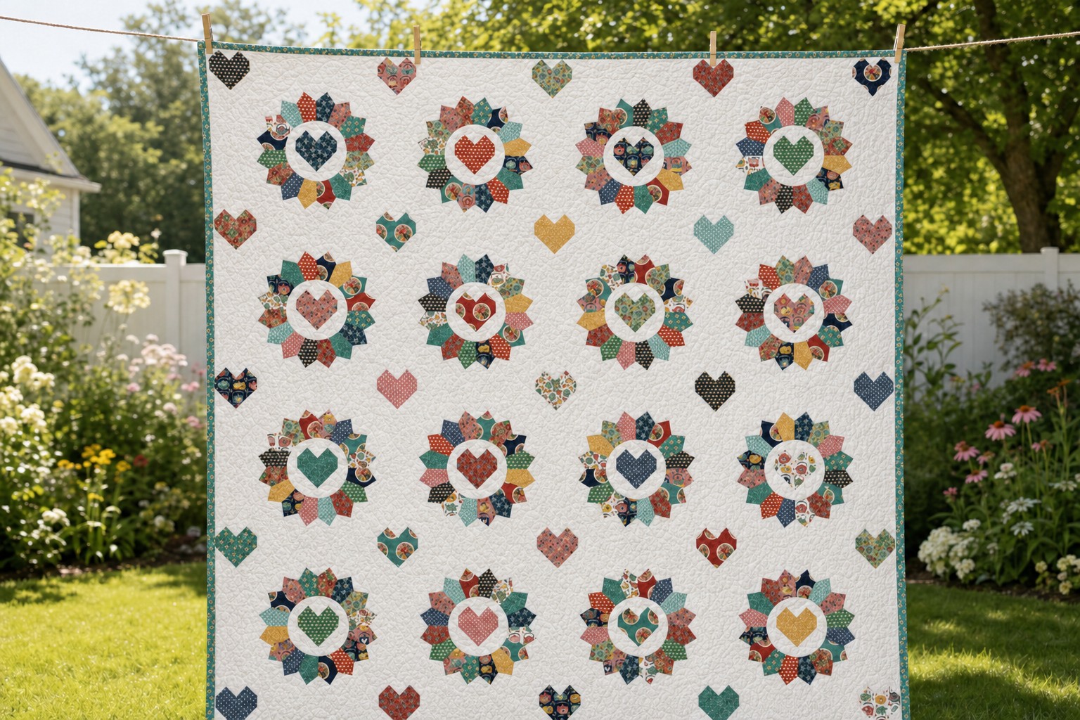 A colorful quilt hanging outdoors on a clothesline