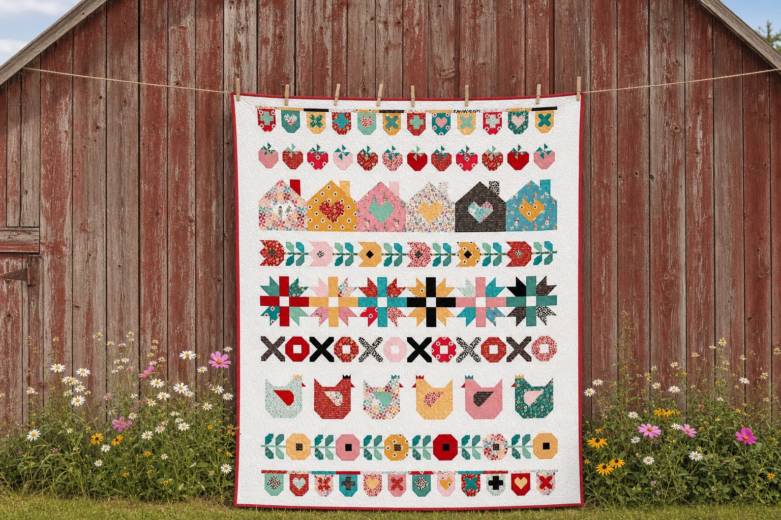 Poppie Cotton Sunny Kisses quilt on a clothesline against a rustic barn with wildflowers