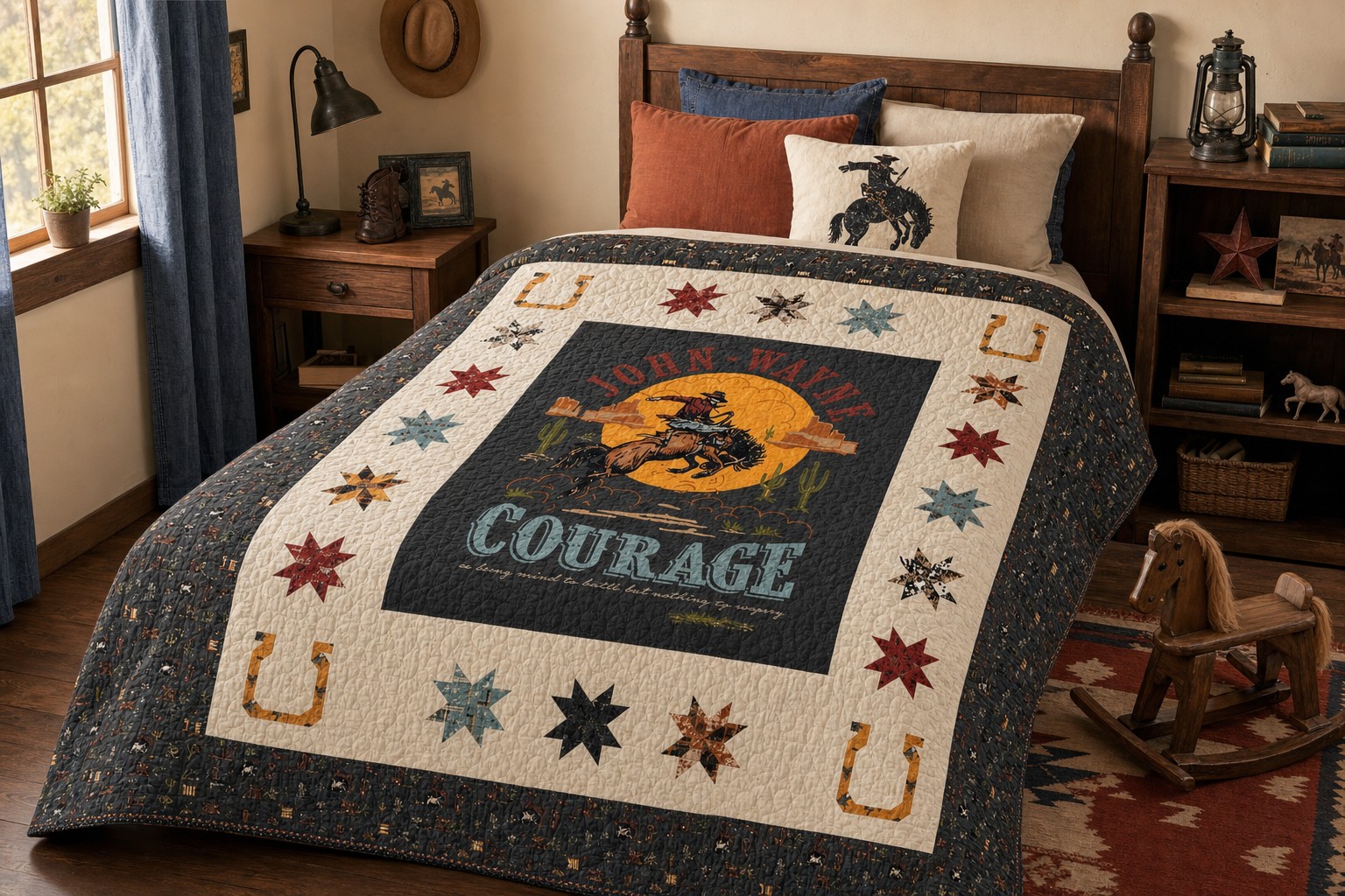 A patchwork quilt displayed across a bed