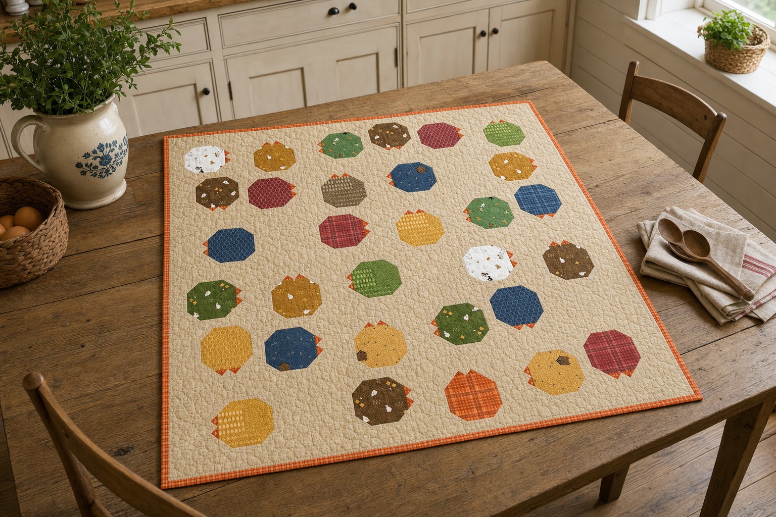 Riley Blake Scattered Chickens quilted table topper on a farmhouse breakfast table