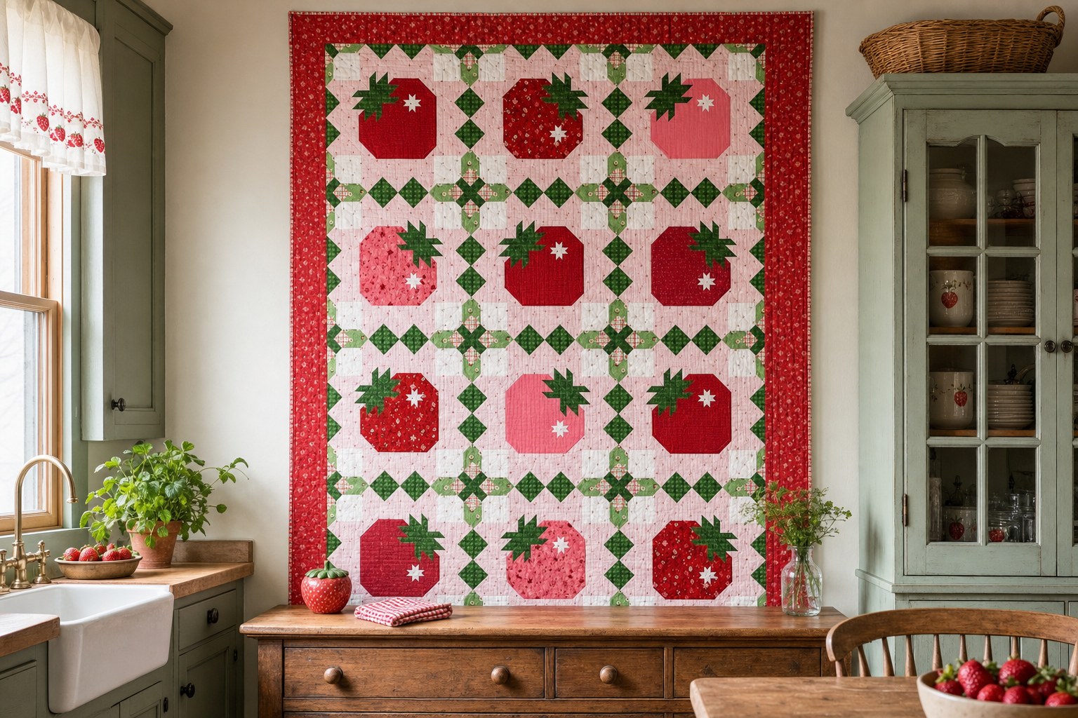 Riley Blake Strawberry Basket quilt hanging in a strawberry-themed farmhouse kitchen