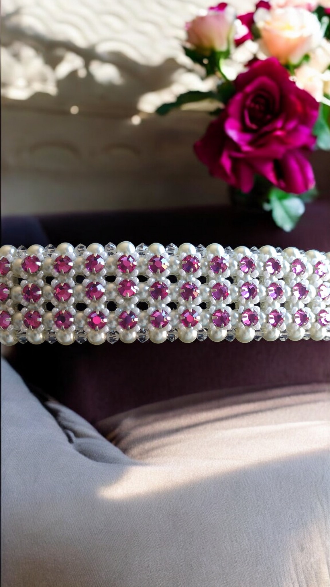 Close view of the Radiant Fuchsia Crystal and Pearl Star Choker beadwork