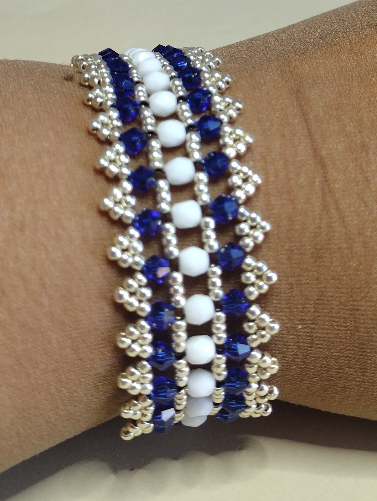 Sapphire Crystal Bracelet on a wrist, showing its beadwork pattern