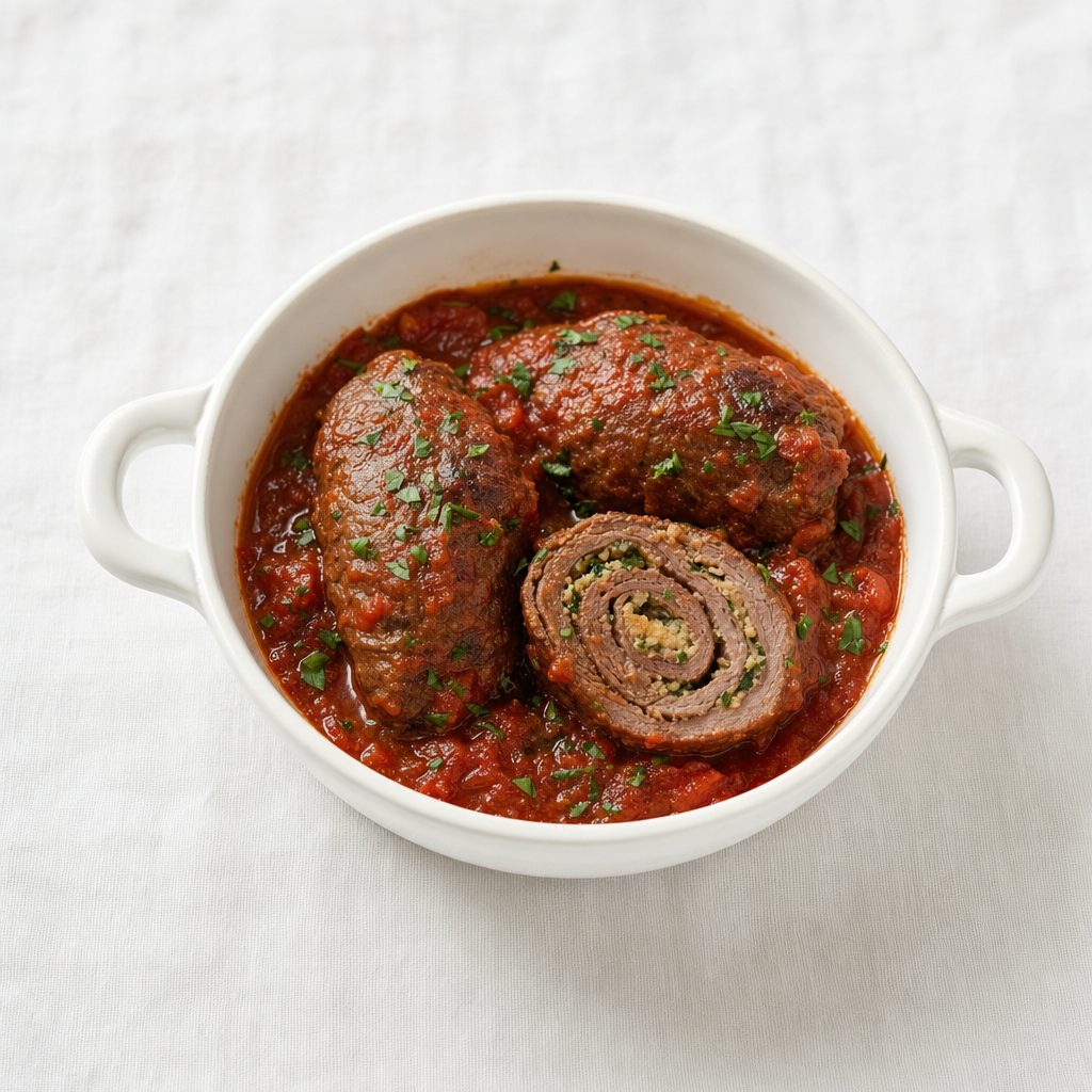 Beef braciole in tomato sauce served in a mini cocotte on a white tablecloth