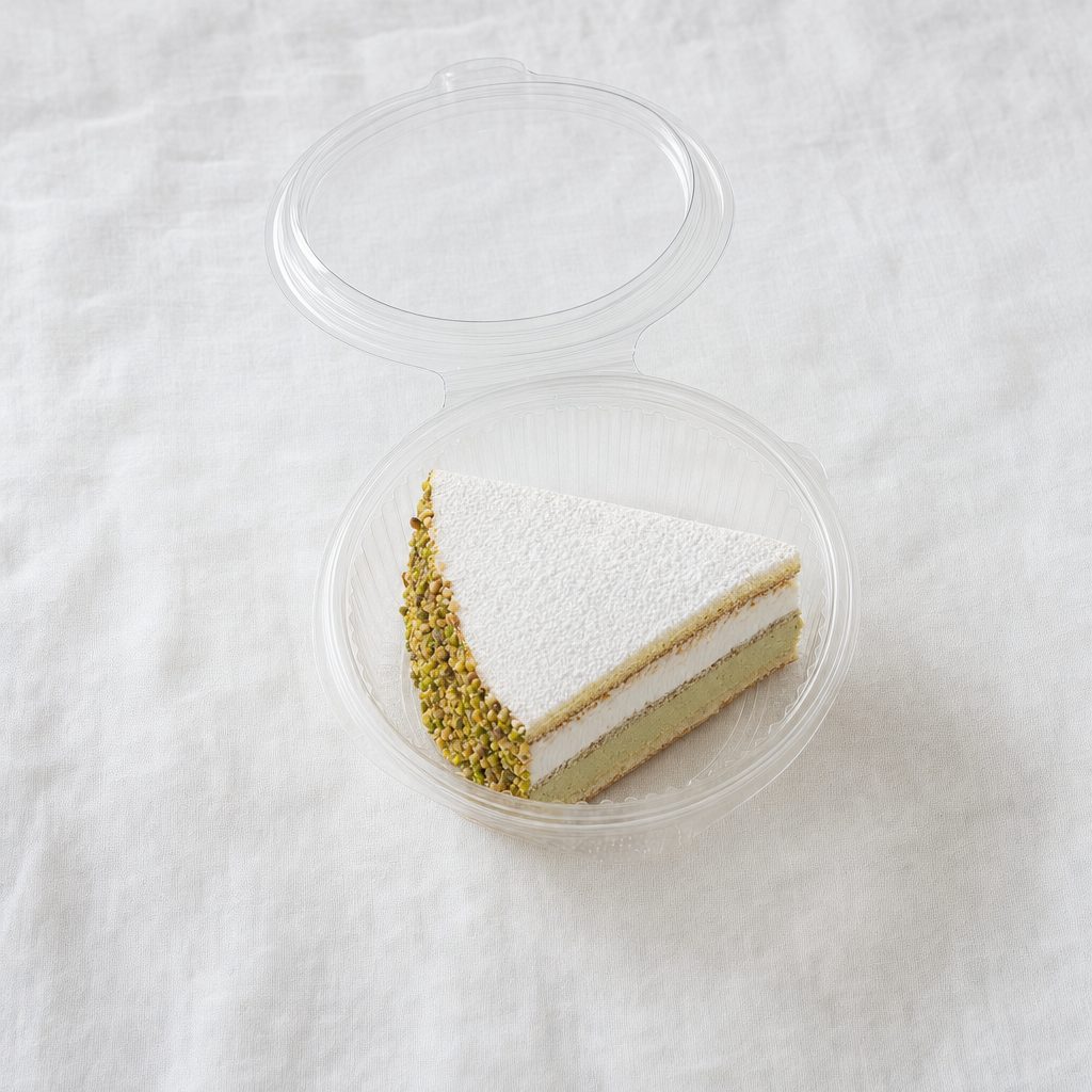 Bindi pistachio ricotta cake slice in an 8 oz clear round hinged container on a white tablecloth