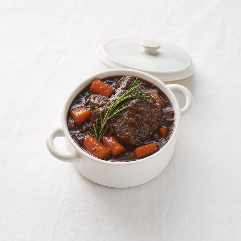 Beef Brasato, served for on-site dining on a white tablecloth