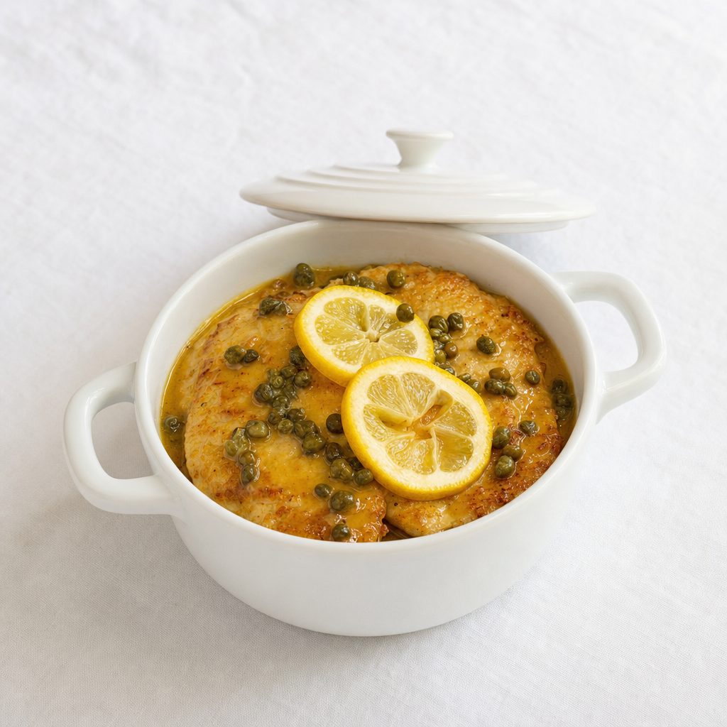Chicken piccata served in a mini cocotte