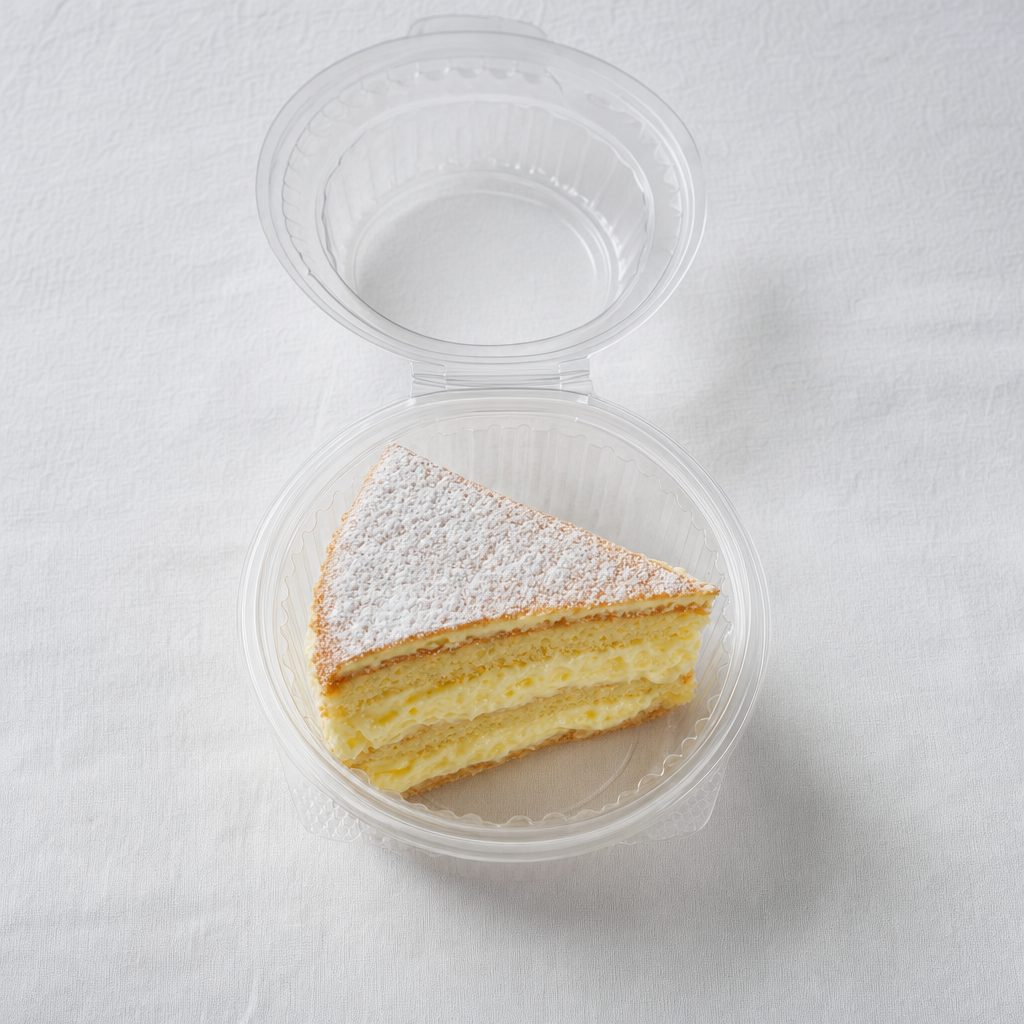 Italian Lemon Cream Cake in a clear plastic round hinged container on a white tablecloth