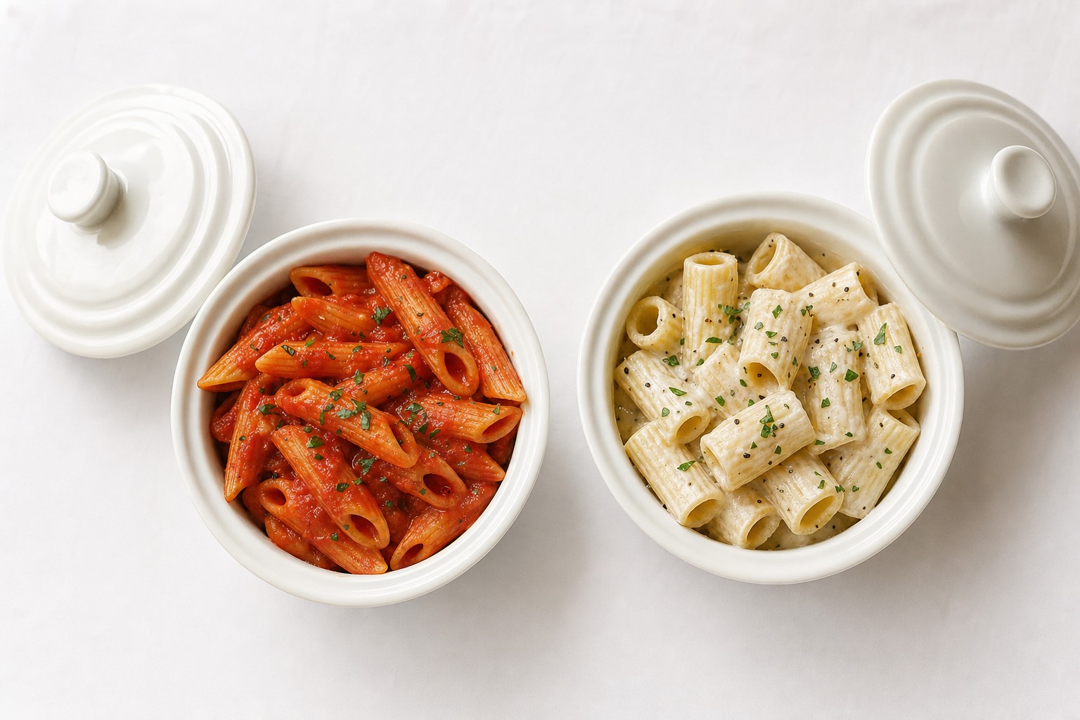 Penne marinara and mezzi rigatoni Alfredo in lidded porcelain ramekins on a white tablecloth