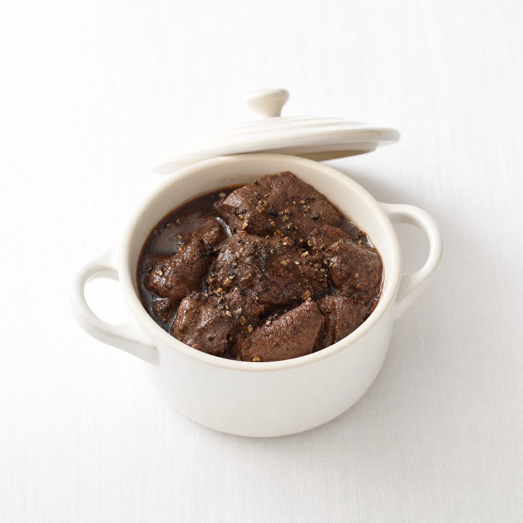 Beef Peposo, served for on-site dining on a white tablecloth