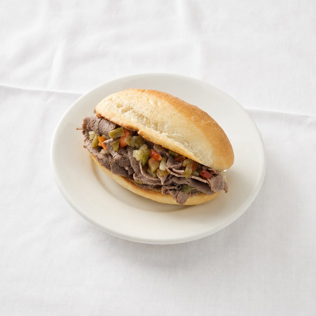 Mini Italian Beef Sandwich, served for on-site dining on a white tablecloth
