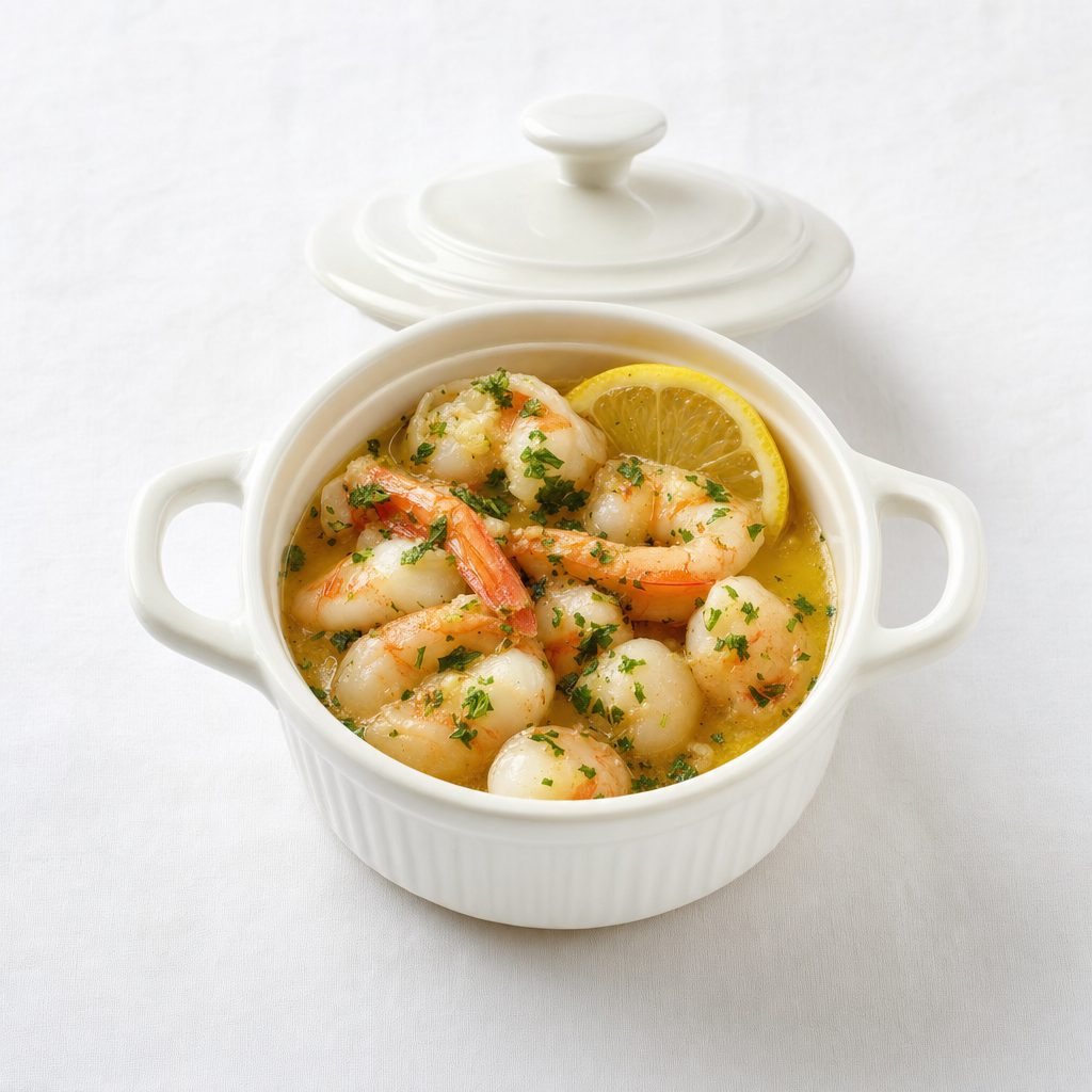 Shrimp scampi served in a mini cocotte