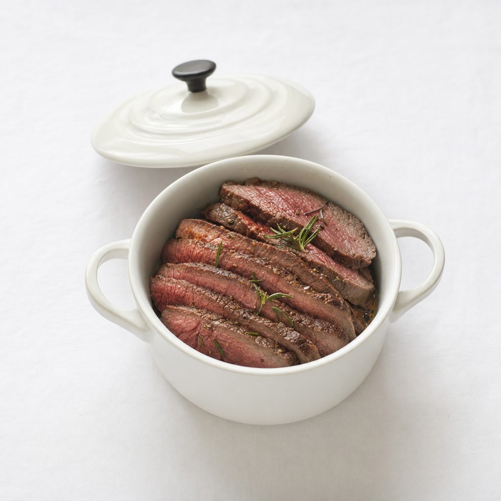 Beef Tagliata, served for on-site dining on a white tablecloth