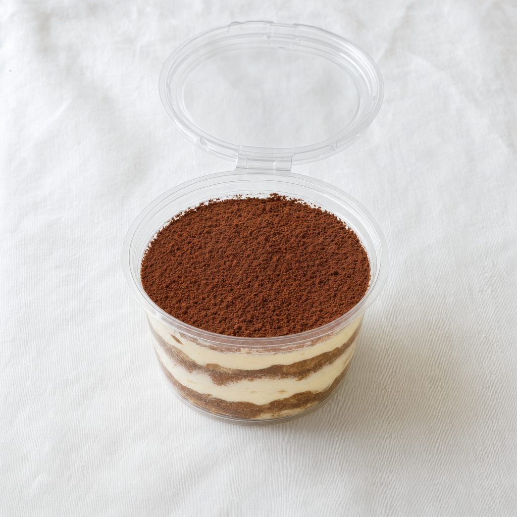 Tiramisu in an 8 oz clear round hinged container