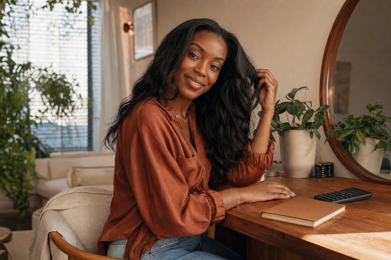 Woman with long dark waves in a rust-colored blouse, seated at a wooden vanity beside a notebook and calculator