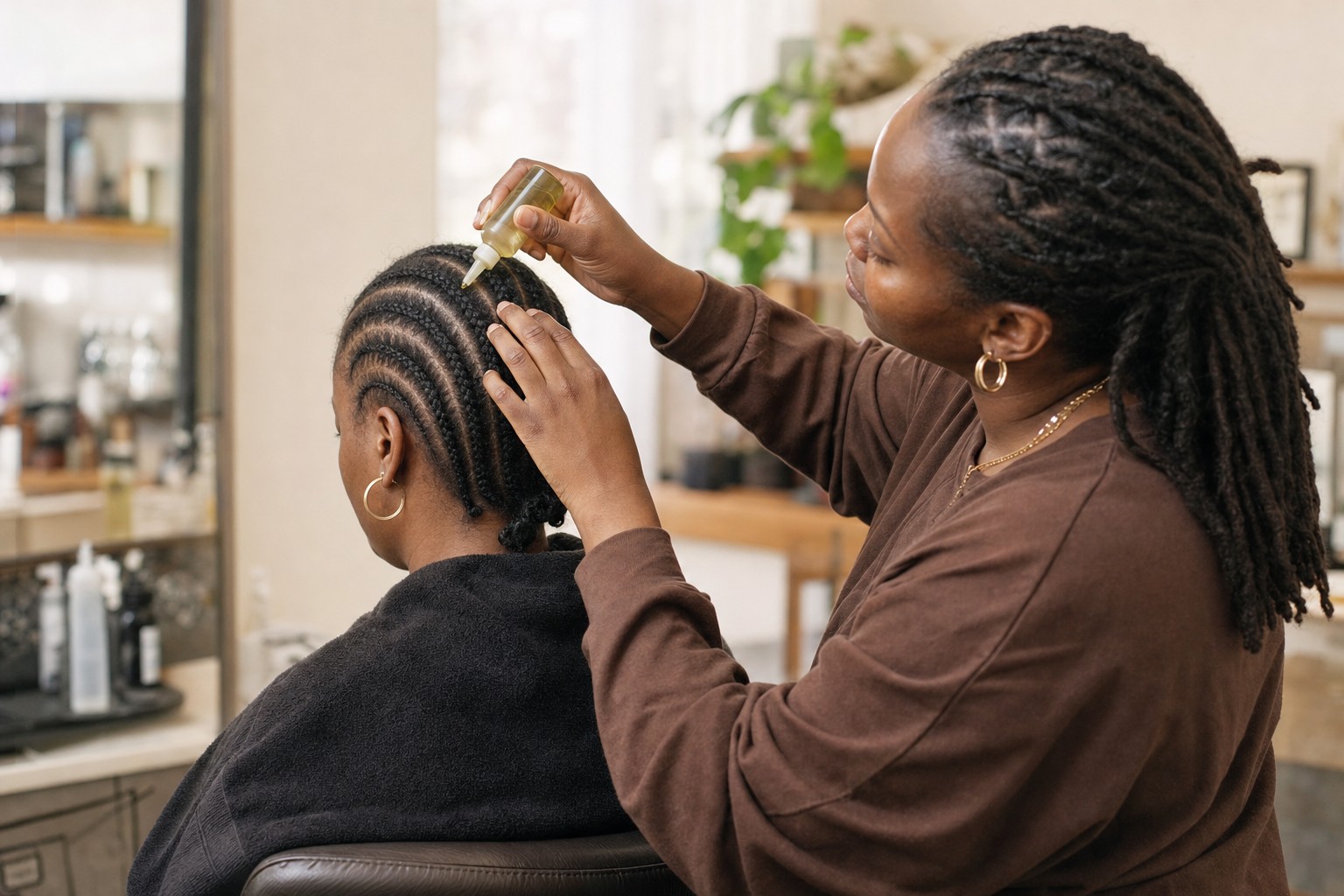 Stylist gently applying oil along the scalp between cornrows