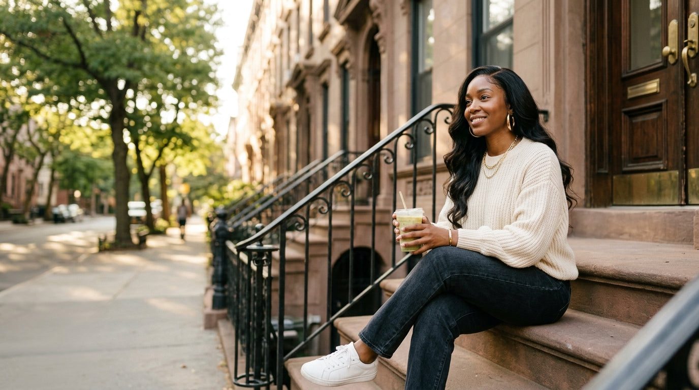 woman in her early 30s sitting on the stoop of a historic Harlem brownstone