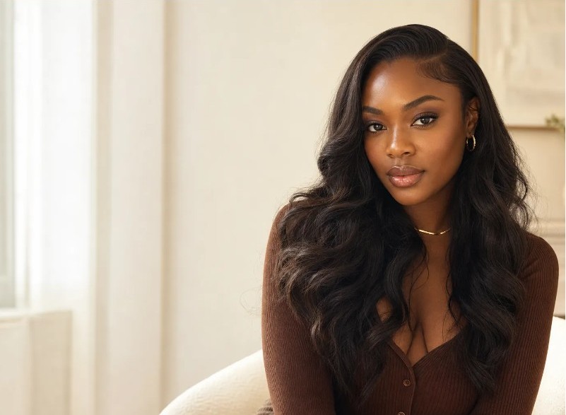 Woman wearing long loose-wave human hair extensions from HookedOnBundles