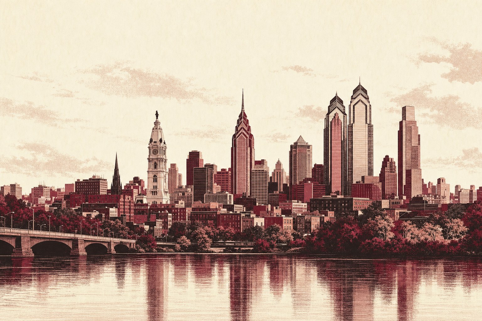 Illustrated Philadelphia skyline in burgundy and cream