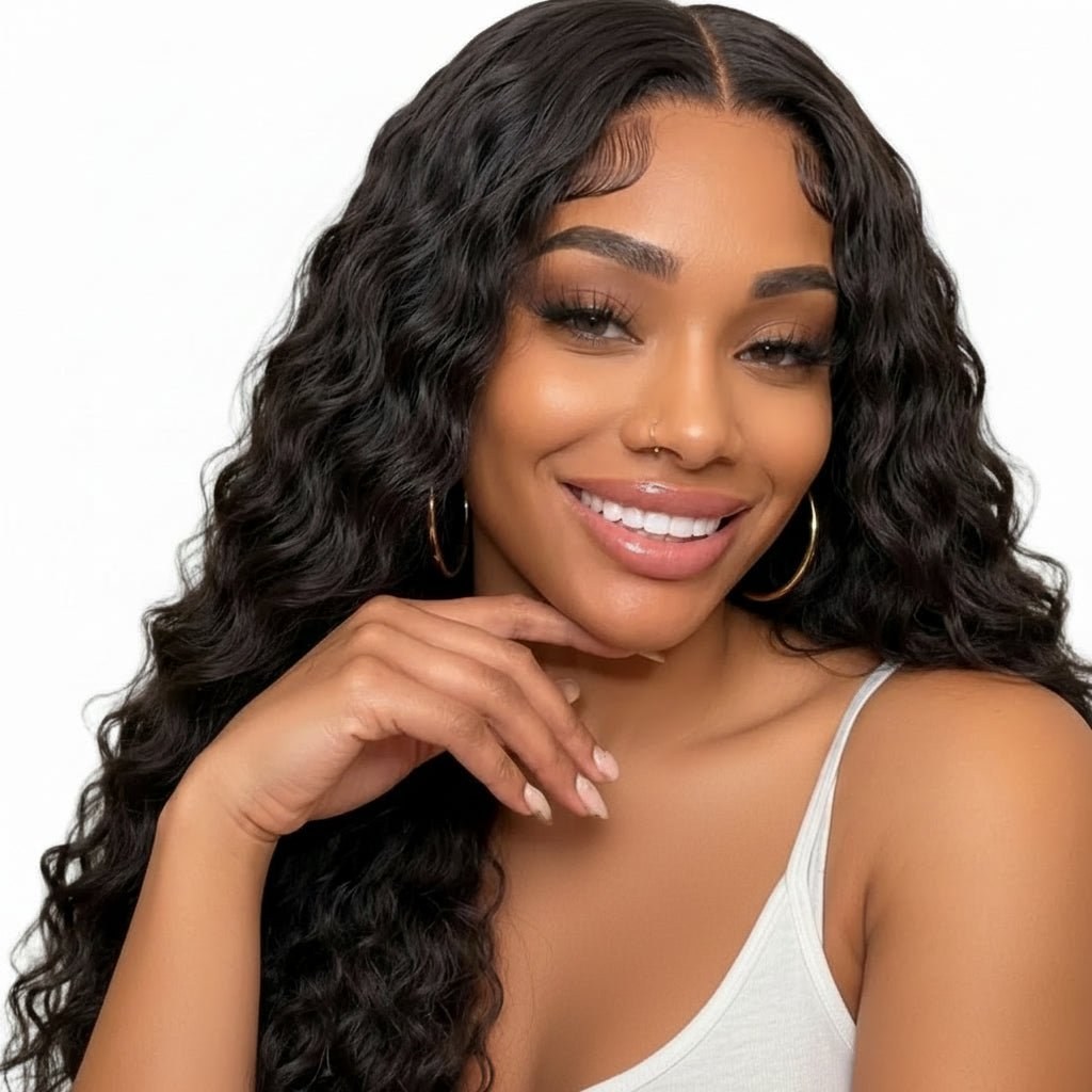 Model wearing HookedOnBundles deep wave human hair extensions