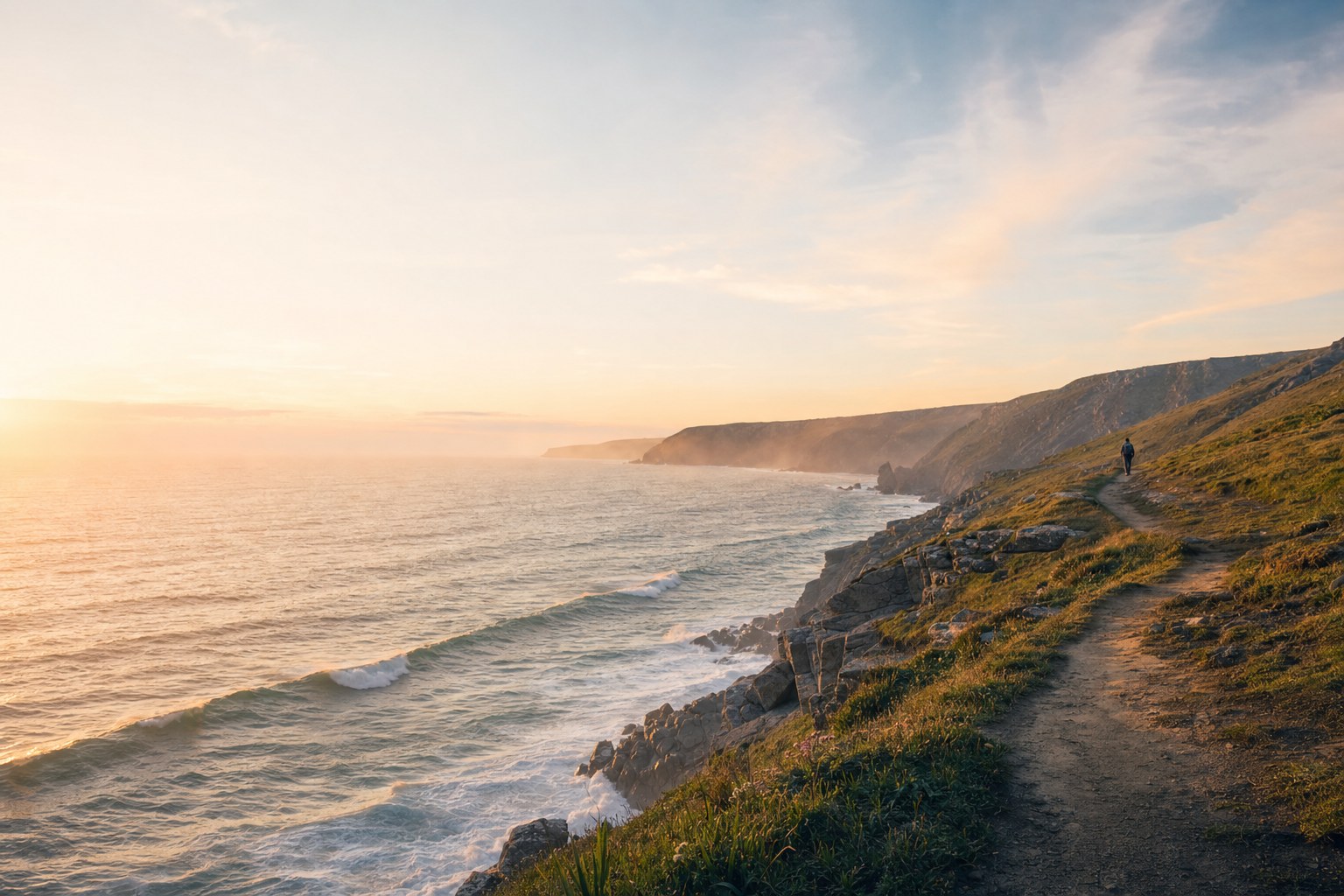 Sunlit coastal path beside the ocean