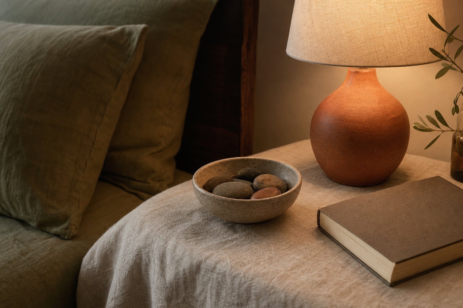A bowl of smooth stones and a paperback book on a linen-covered bedside table