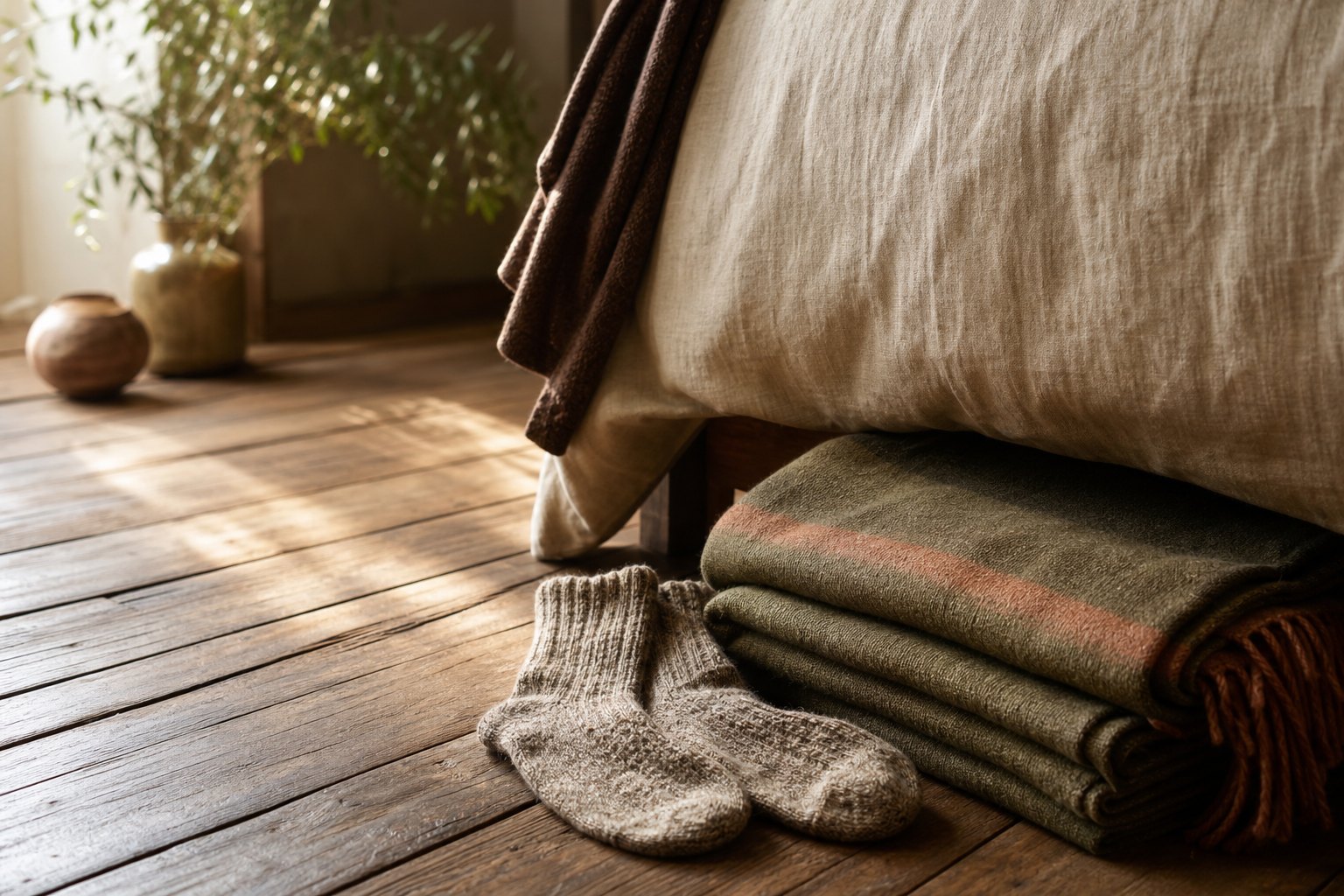 Wool socks and a folded blanket beside a bed on wooden floorboards