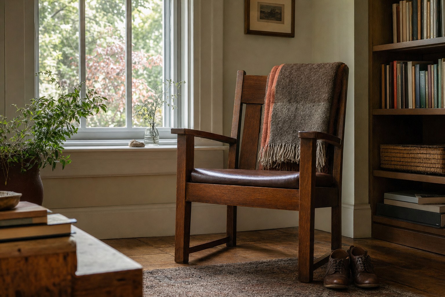 A wooden chair with a wool throw beside a bright window