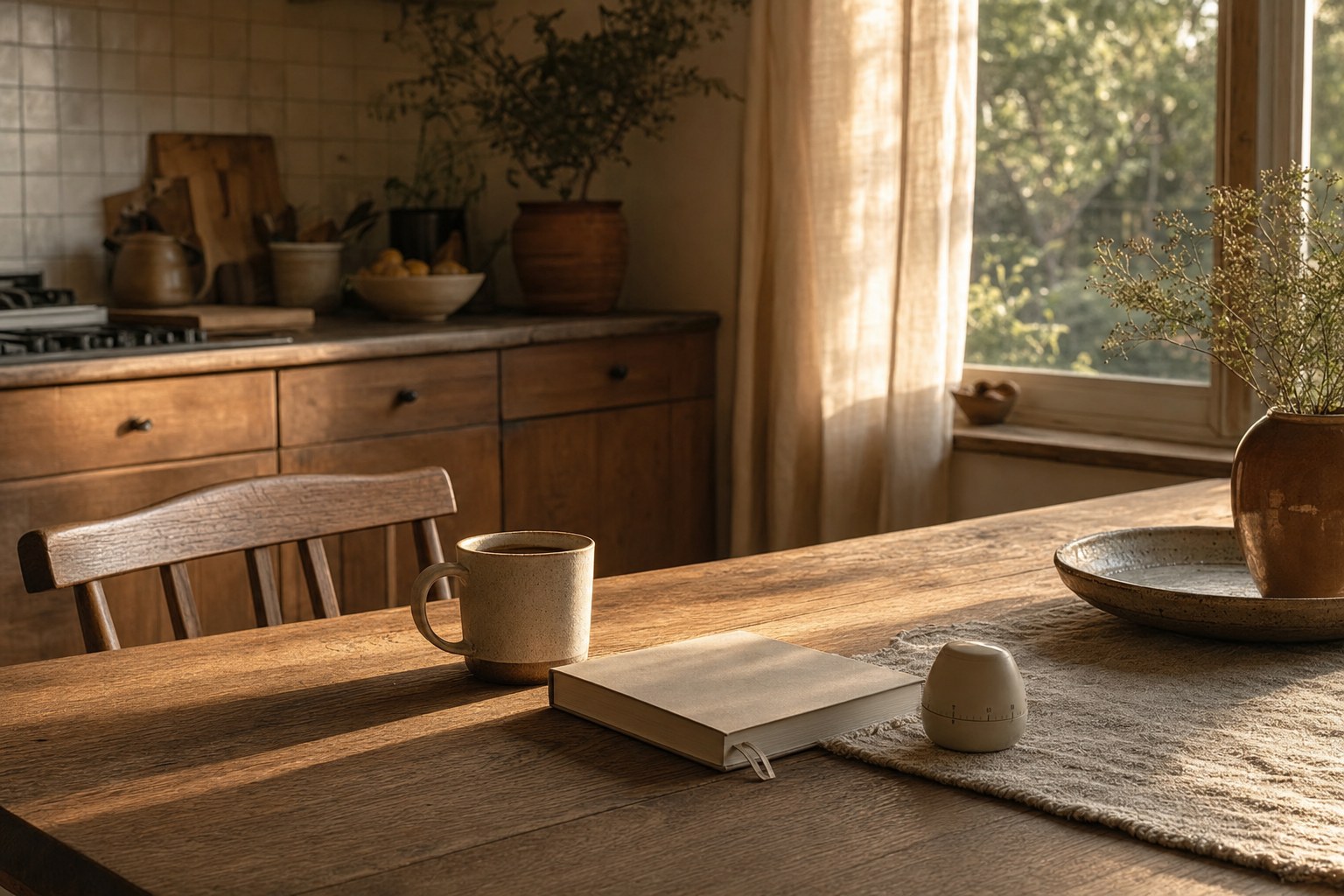 A kitchen table with a ceramic cup, notebook, and timer in morning light