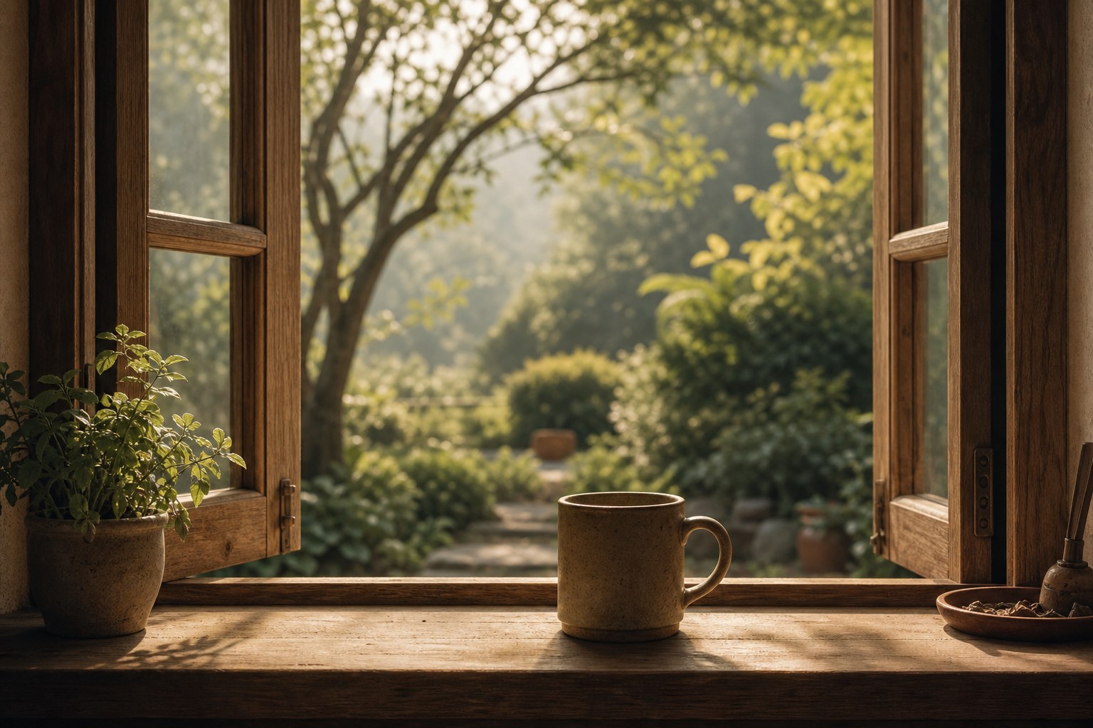 An open window looking onto a quiet garden