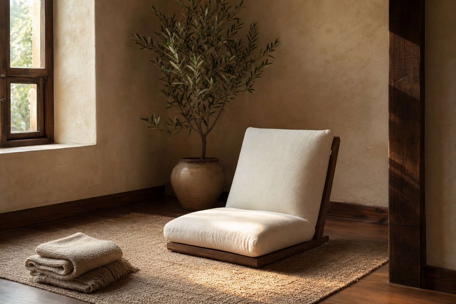 A cushioned chair in a sunlit, quiet corner
