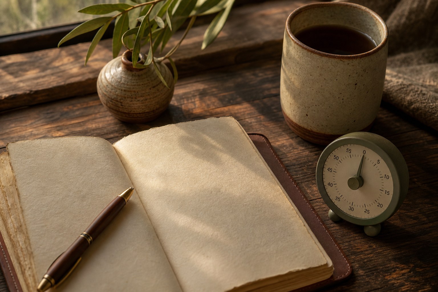 A blank journal, a ceramic cup, and a timer on a sunlit wooden table
