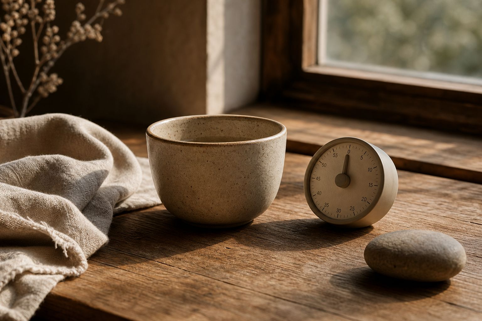 A ceramic cup and small timer on a sunlit wooden table