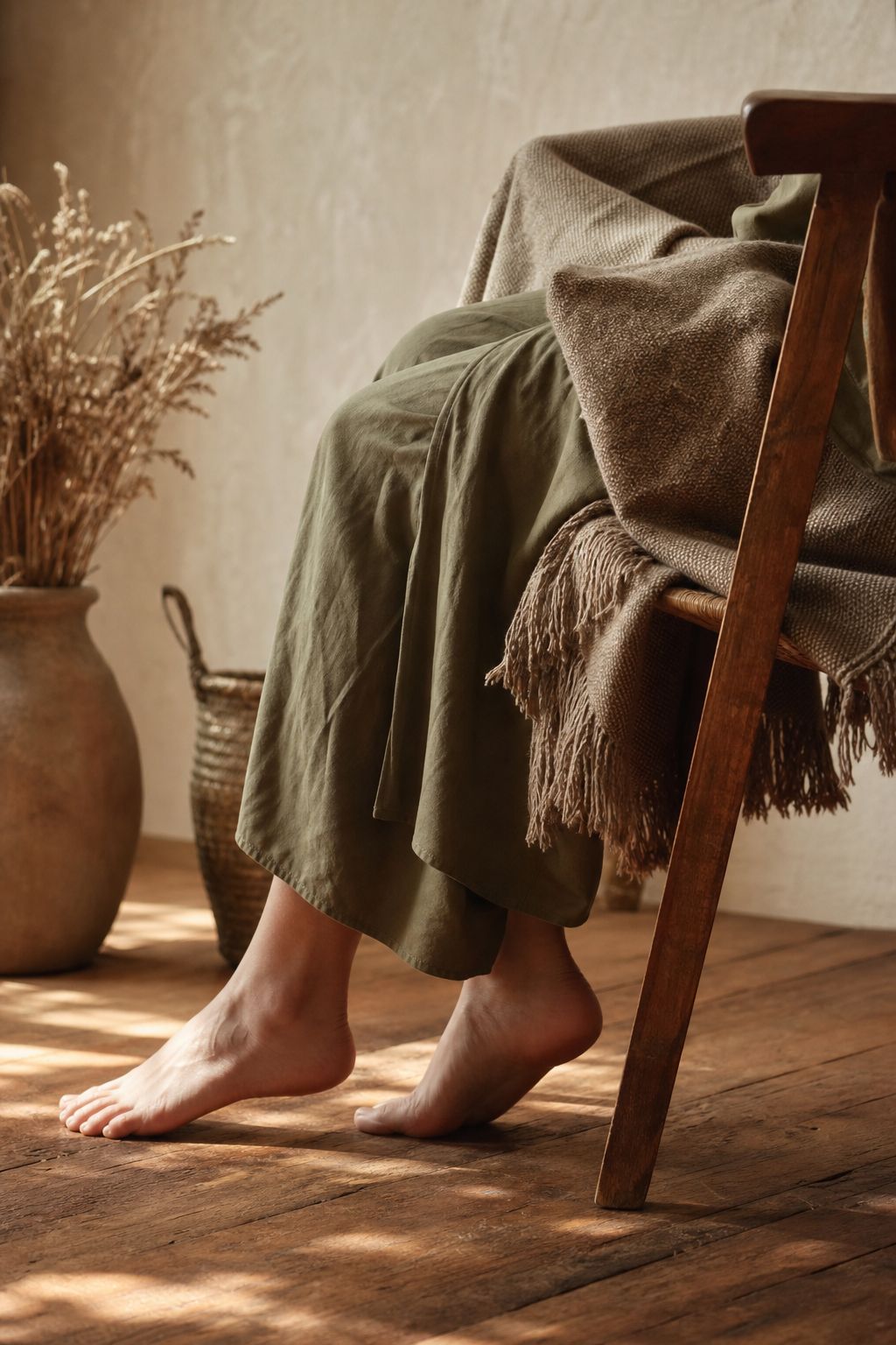 Bare feet beside a wooden chair in a sunlit room