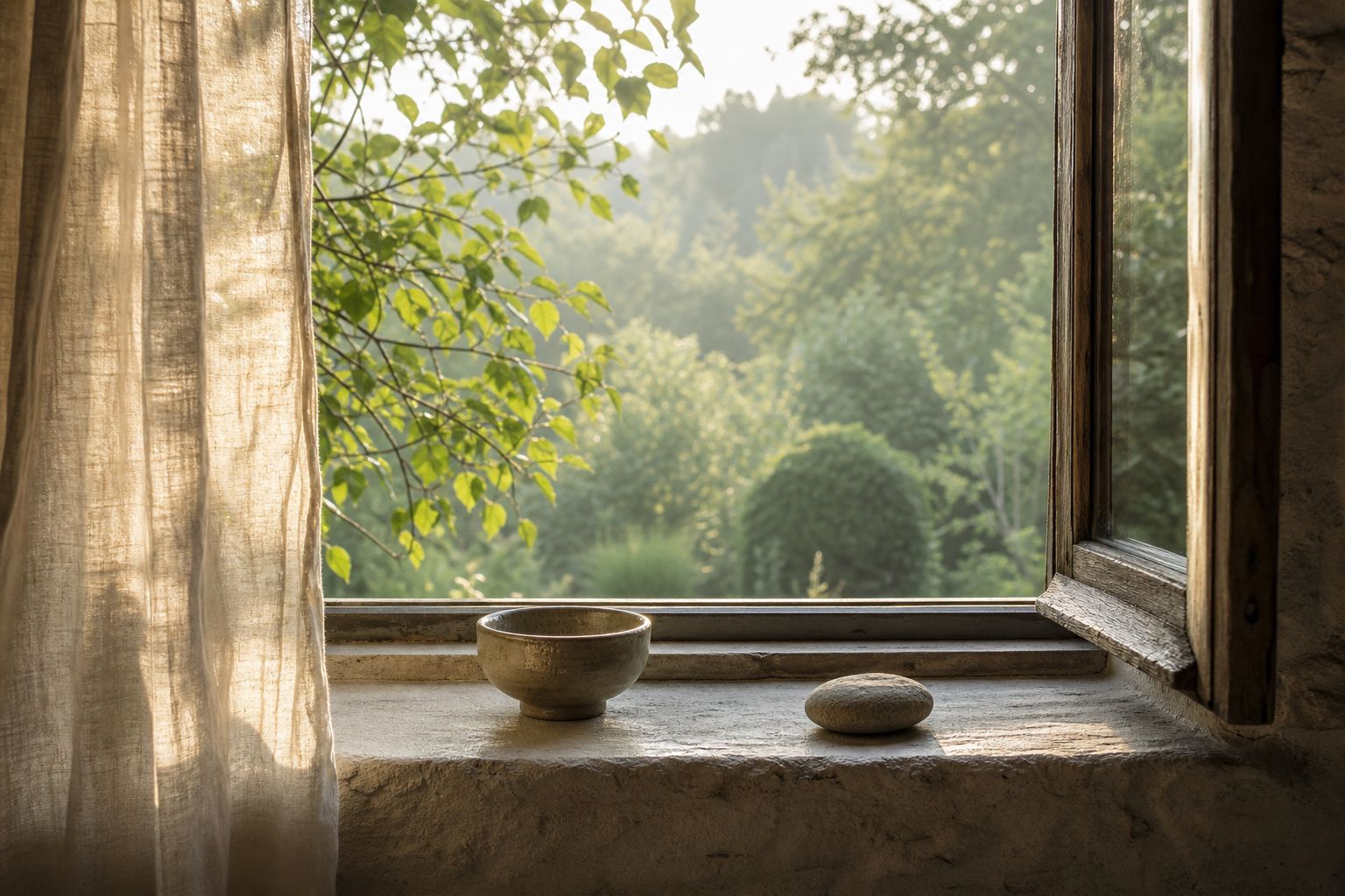 An open window looking onto a green garden in early morning light
