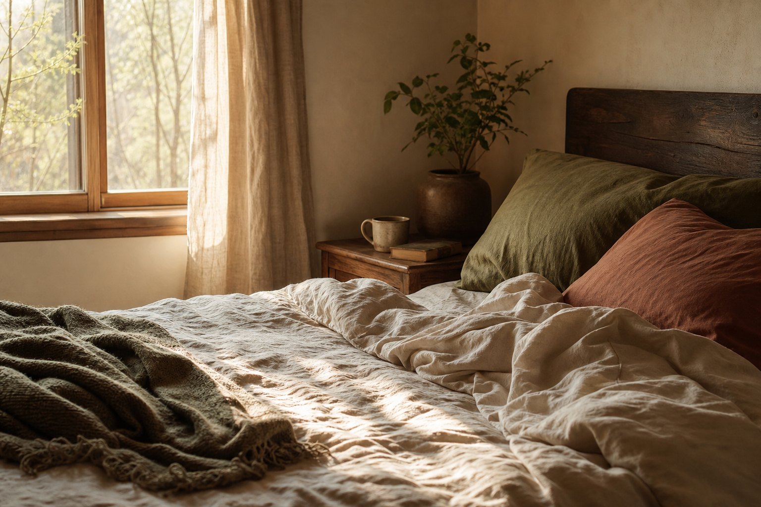 A rumpled linen bed in warm morning light