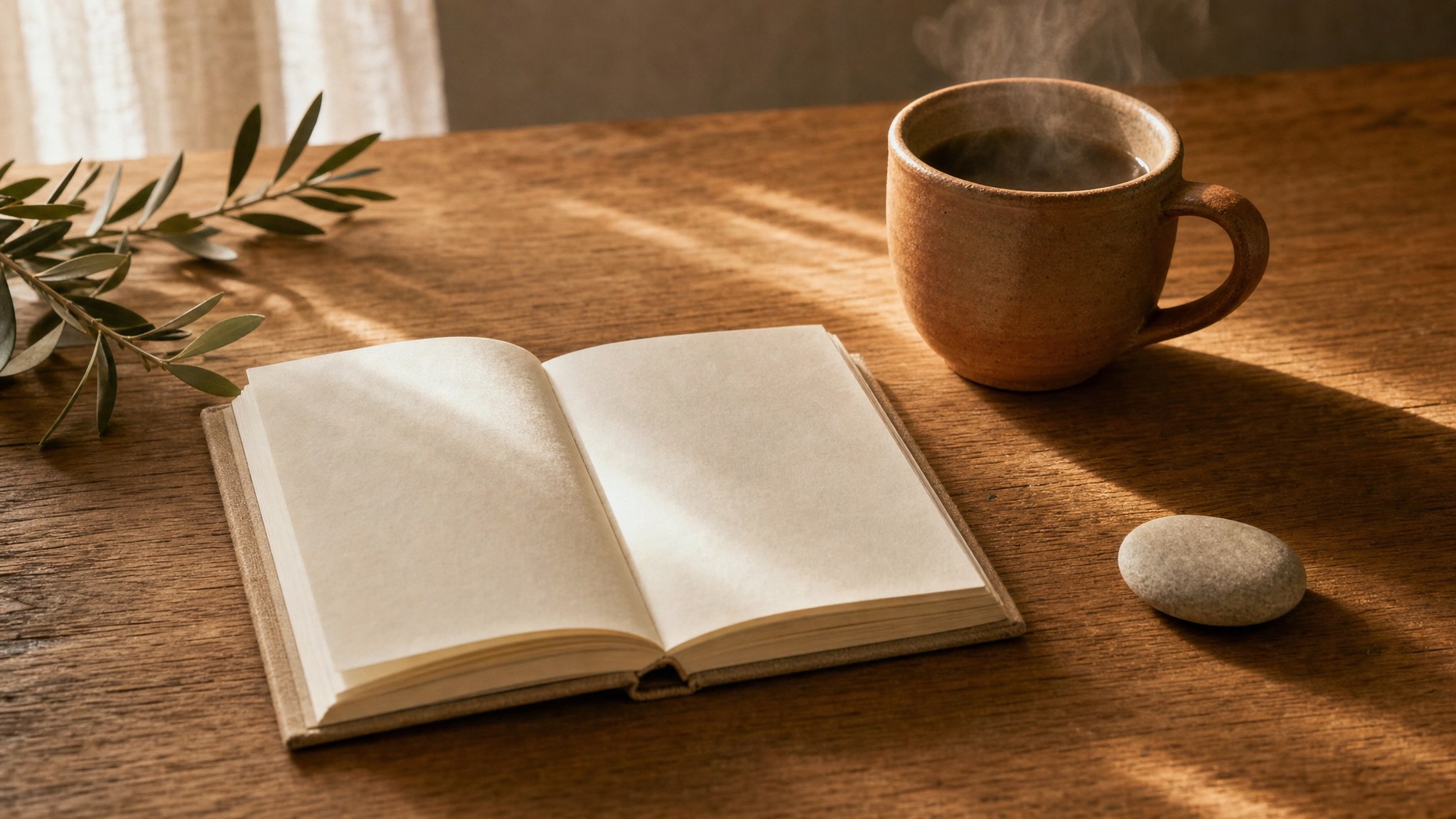 An open notebook, ceramic cup, and smooth stone on a wooden table