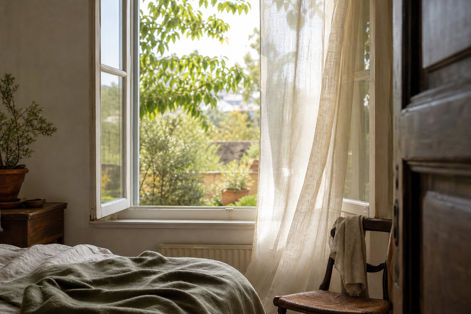 An open bedroom window with a linen curtain and leafy garden beyond