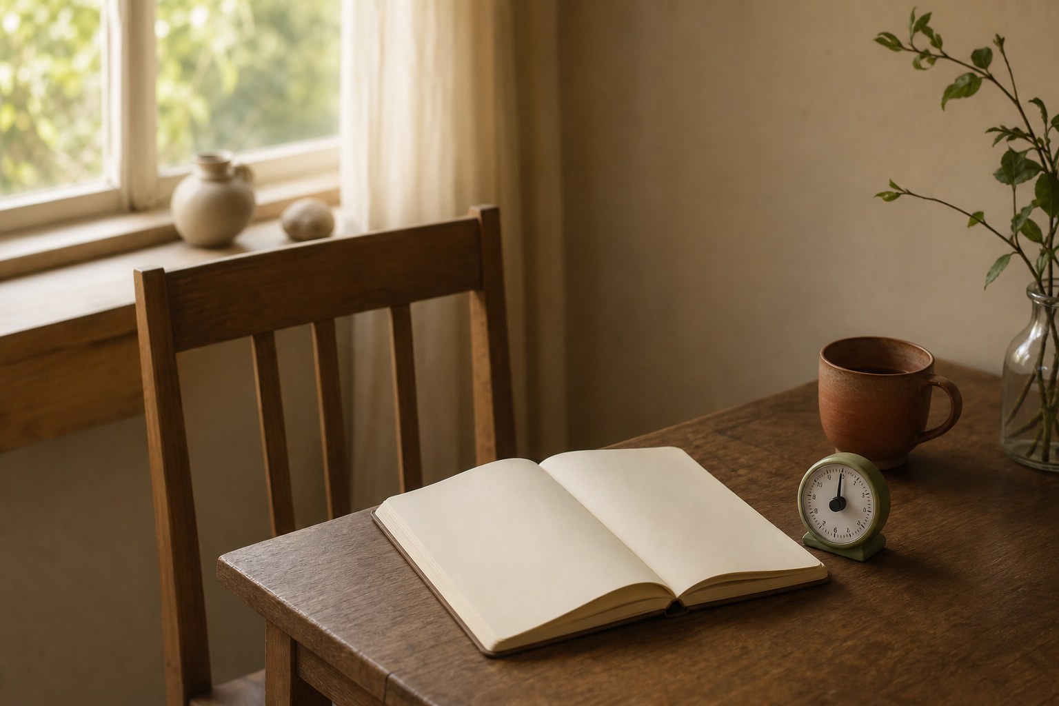 A notebook and small timer on a wooden table by a window