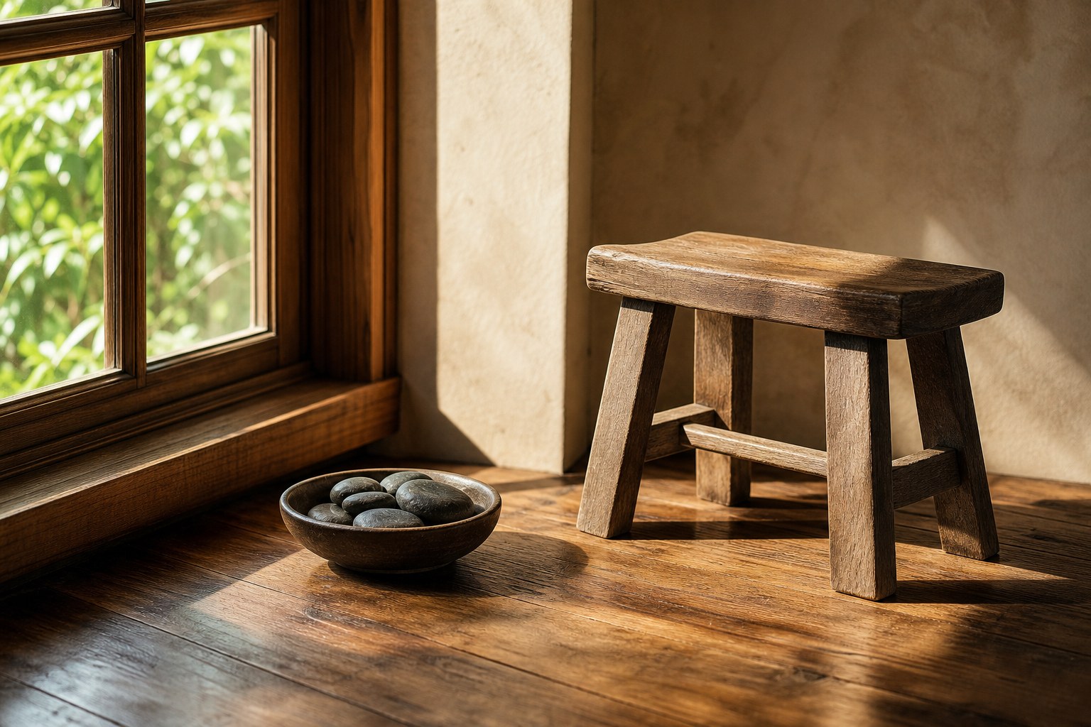 A small wooden stool beside a bowl of smooth stones in window light
