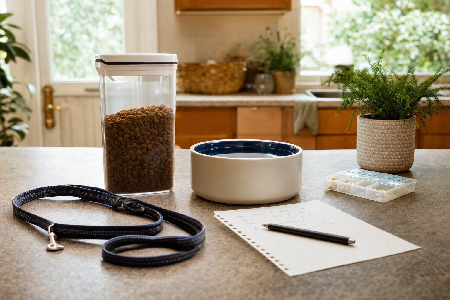 Pet-care supplies, a leash, and a written care note arranged on a kitchen counter