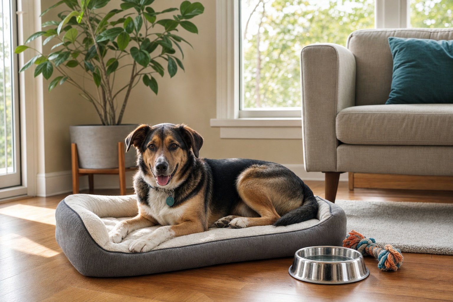 A relaxed dog resting on a bed in a sunny living room