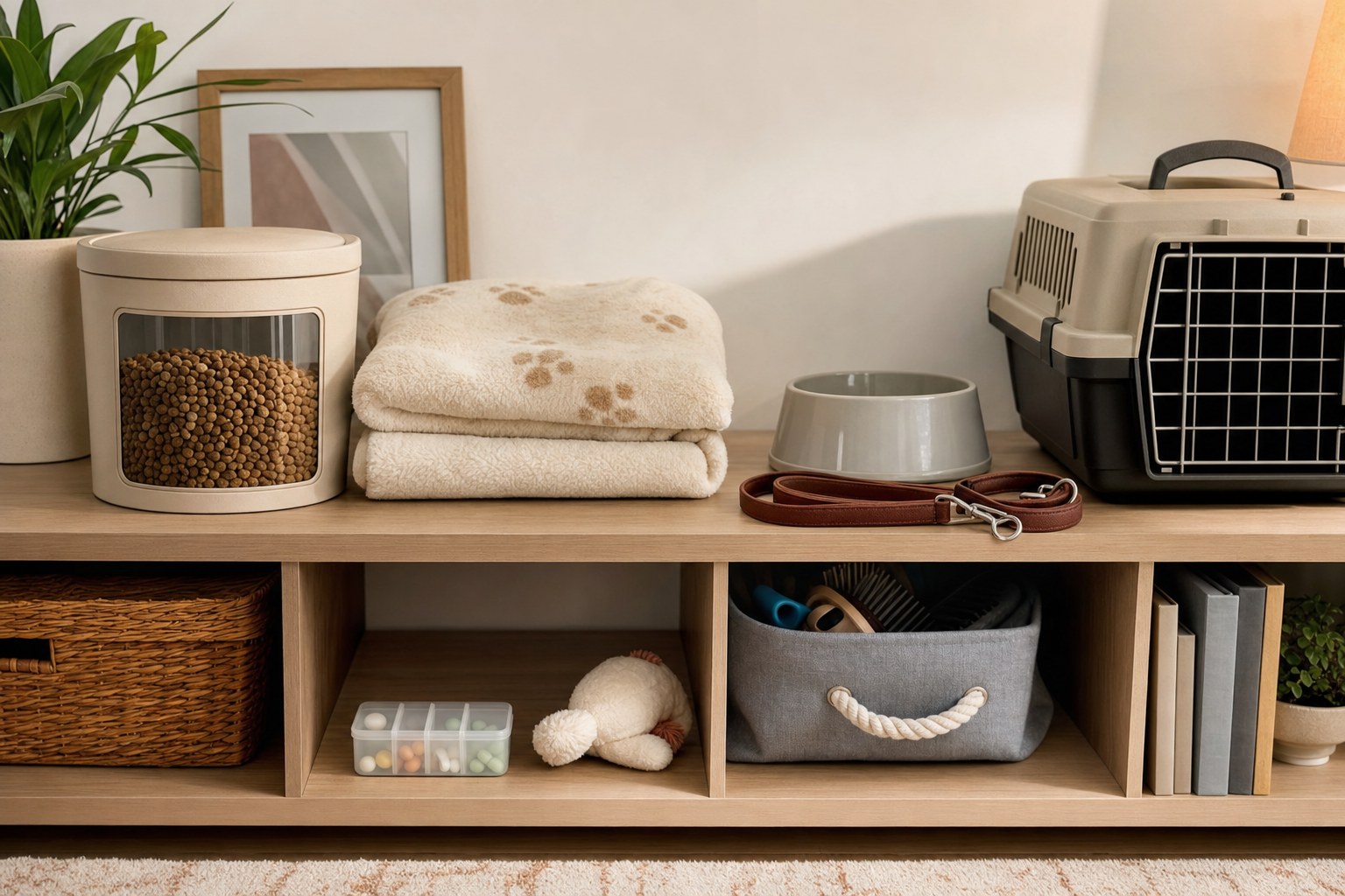 Pet food, blanket, carrier, bowl, leash, and pet-care supplies organized on a shelf