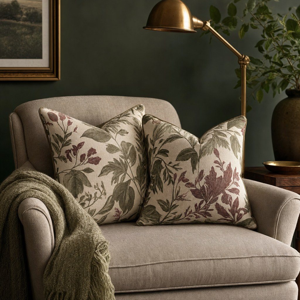 Decorative textile pillows in warm colors and patterns