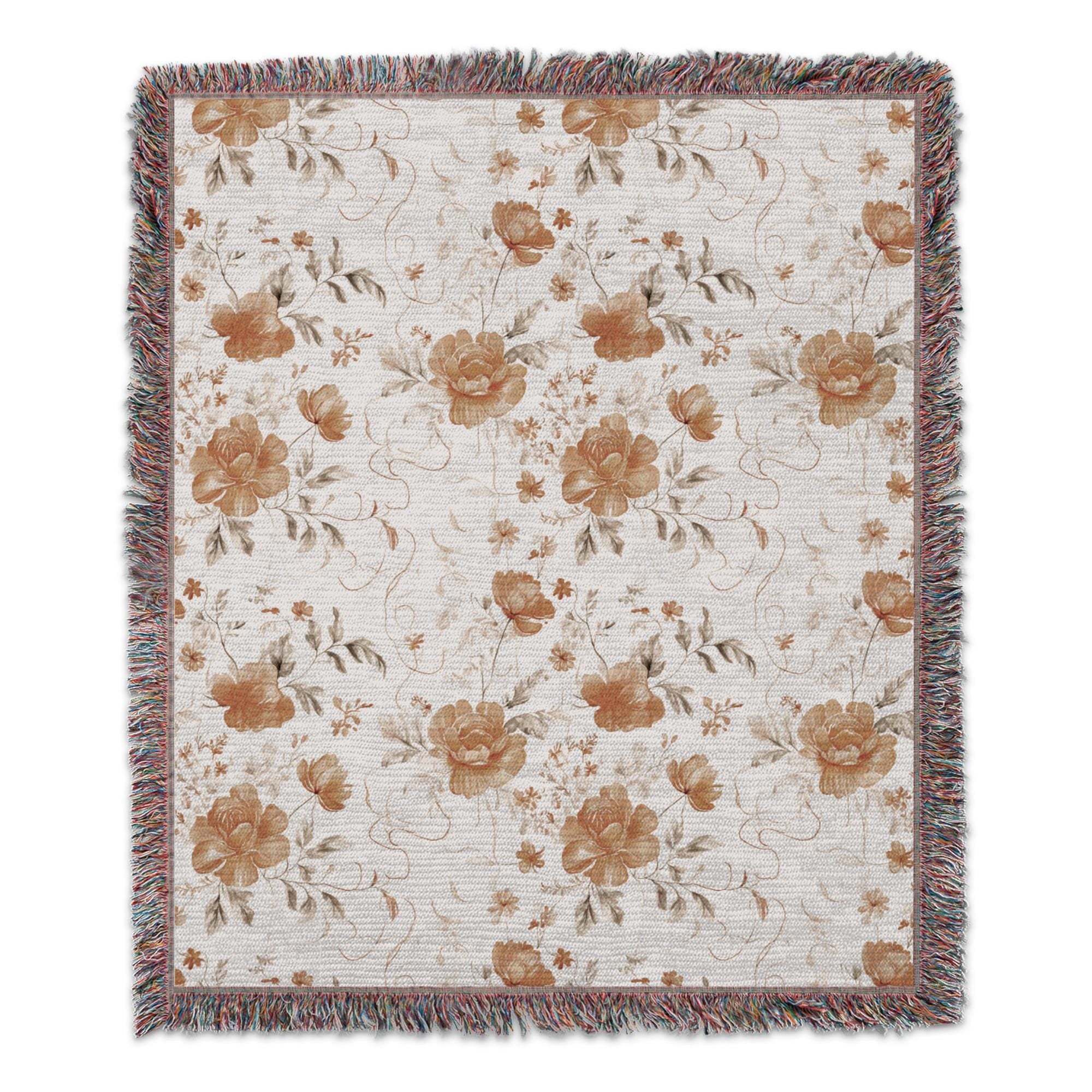 Orange Floral Blanket, Cottagecore Botanical Peony Throw Blanket, Vintage Chinoiserie Flower Decor, Warm Neutral Cozy Home Gift for Her