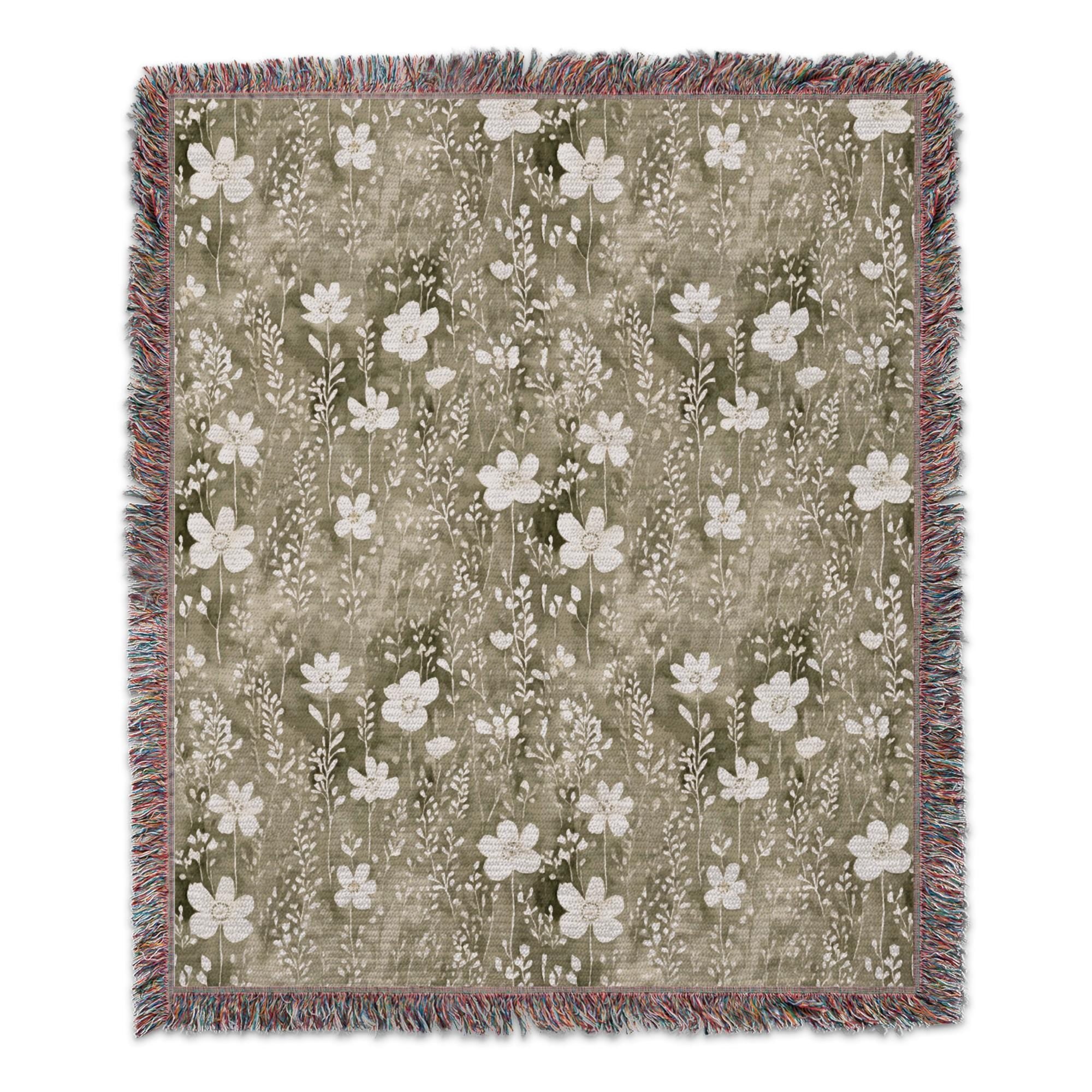 Sage Green Floral Blanket, Cottagecore Wildflower Throw Blanket, Watercolor Botanical Bedding, Nature Lover Home Decor Gift For Her