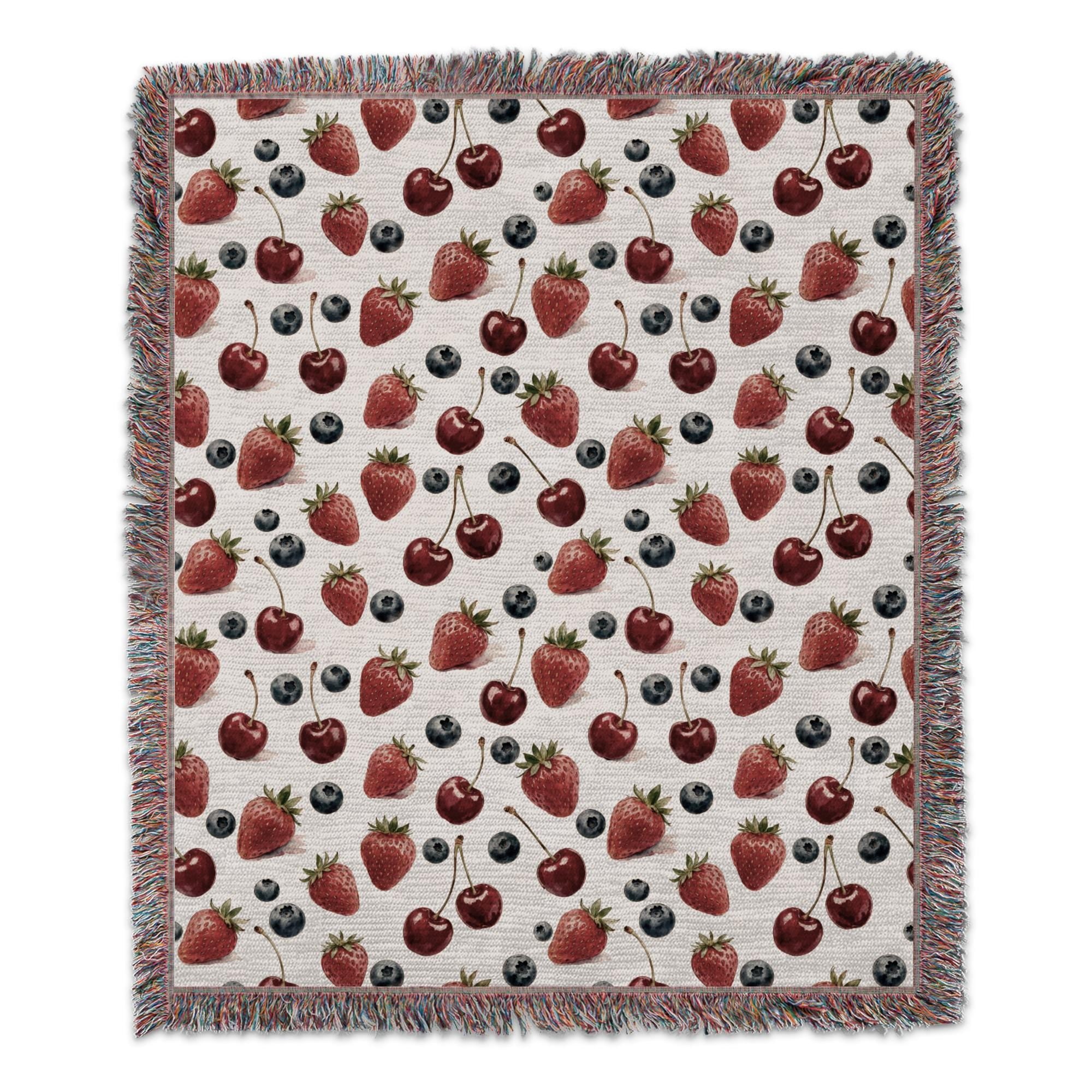 Strawberry Berry Pattern Blanket, Cottagecore Fruit Throw Blanket, Watercolor Cherry Blueberry Picnic Decor, Cute Coquette Aesthetic Bedding